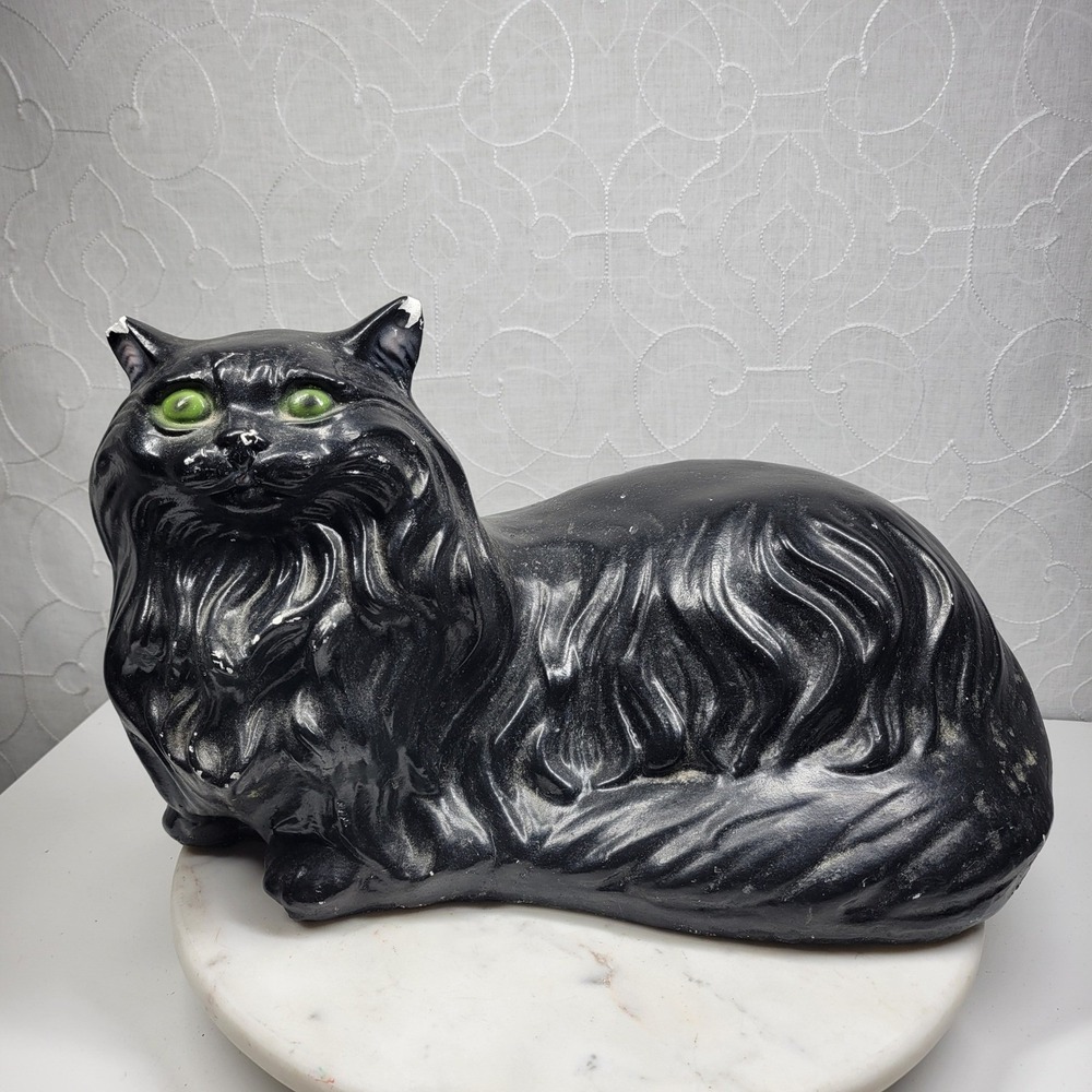 Vintage Persian Cat Statue Chalkware 16" Black Green Eyes Kitschy Halloween